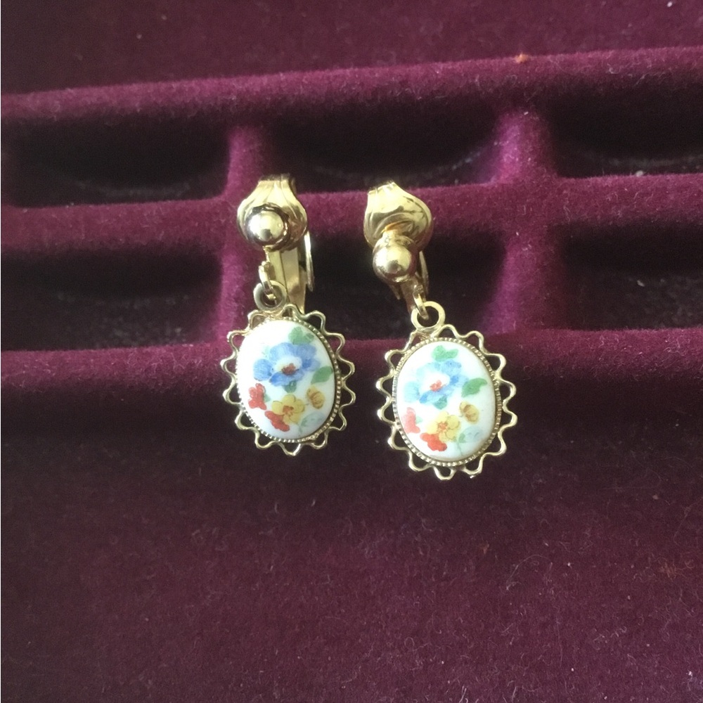Floral Oval drop clip on earrings